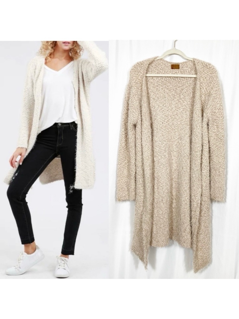 POL Clothing NEW Popcorn Eyelash Fuzzy Longline Open Front Cardigan Oatmeal Tan